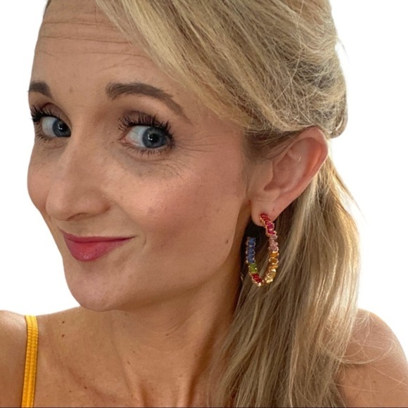 NWT Colorful Stone Hoop + Gold Large Stud Earrings - Picture 3 of 7